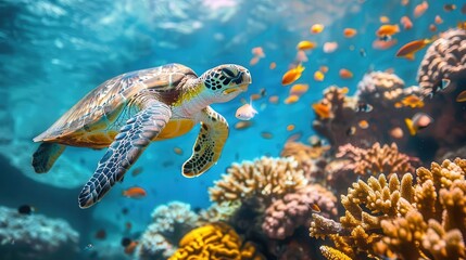 Obraz premium colorful sea turtle swimming with vibrant fish and coral in tropical ocean underwater paradise
