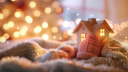 cozy home heating concept with house figure and warm clothes bokeh light background 3d render