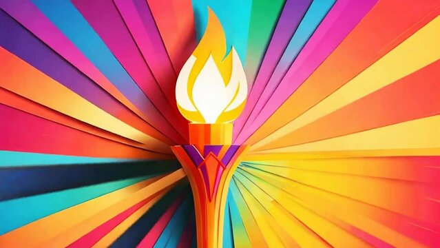 Burning torch against a background of colored rays. LGBT sport concept. Rainbow backdrop. 