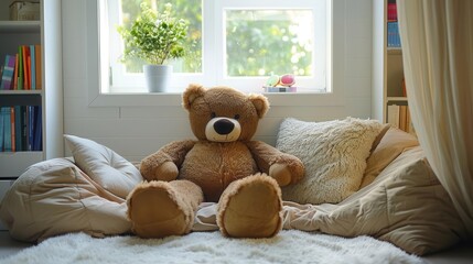 cozy reading nook with oversized stuffed animals and soft textiles relaxing interior design