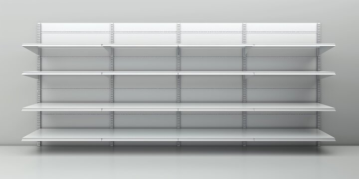 Empty store shelves in a clean, white retail environment, ready for product display and marketing.