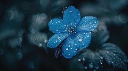 Macro photography of a small blue wild flower with water droplets on a dark background creatively edited with bokeh effects
