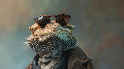 Obraz premium dapper bearded dragon lizard sporting sunglasses and jacket whimsical digital art