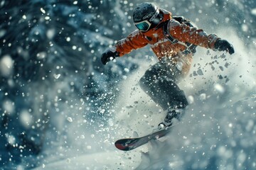 Naklejka premium A thrilling snowboarding action shot recreation adventure outdoors.