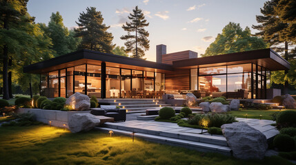 Modern house exterior day light with lawn grass