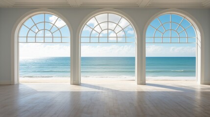 Luxurious Beachfront Property Interior With Elegant Windows. Generative AI