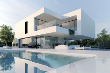 Modern White House With Swimming Pool and Patio in the Suburbs
