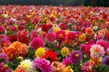 Obraz premium Vibrant field of blooming dahlias, showcasing a stunning array of colors and lush greenery.