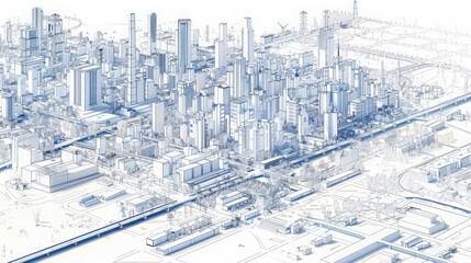 A detailed technical schema revealing the urban architectural layout and zoning strategies of a bustling metropolis. This schematic intricately plots residential, commercial