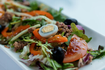 Salad with cabbage, cucumber, egg, onion, tuna and olive oil on a white saucer on a white background