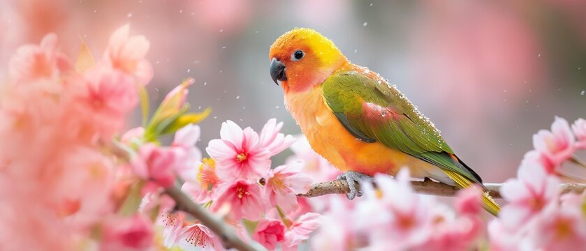 AI generator image of  A parrot is sitting on the branch of a cherry blossom tree, sakura