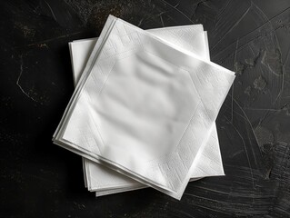 Mockup of blank white paper napkins arranged neatly on a black surface