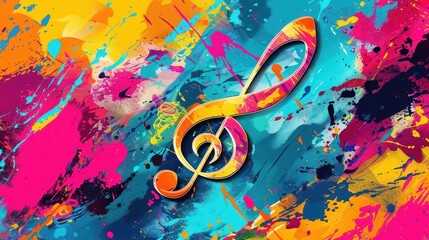 energetic treble clef splattered with vibrant paint on colorful backdrop abstract vector