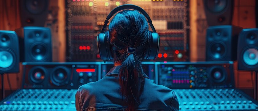 A person focused on audio mixing in a contemporary studio, dressed sharply with large headphones, back view