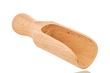 One wooden kitchen spatula, macro, isolated on white background.
