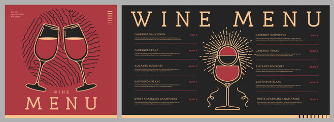 Restaurant wine menu design with abstract wine texture and two glasses. Vector illustration