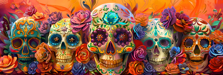 A collection of ornately decorated sugar skulls. each with unique designs and colors. displayed against a bright. festive background. 