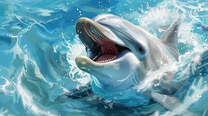 Obraz premium friendly bottlenose dolphin with open mouth playful marine mammal in blue water digital illustration