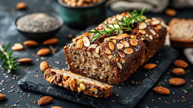 freshly baked keto bread with almonds hazelnuts sunflower and chia seeds healthy food - Powered by Adobe