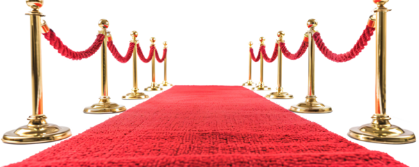 Red rope on golden stanchions with a red carpet on transparent bacakground