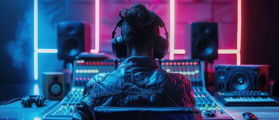 Fototapeta premium A person working on music editing in a sleek studio, stylish outfit and large headphones, from behind