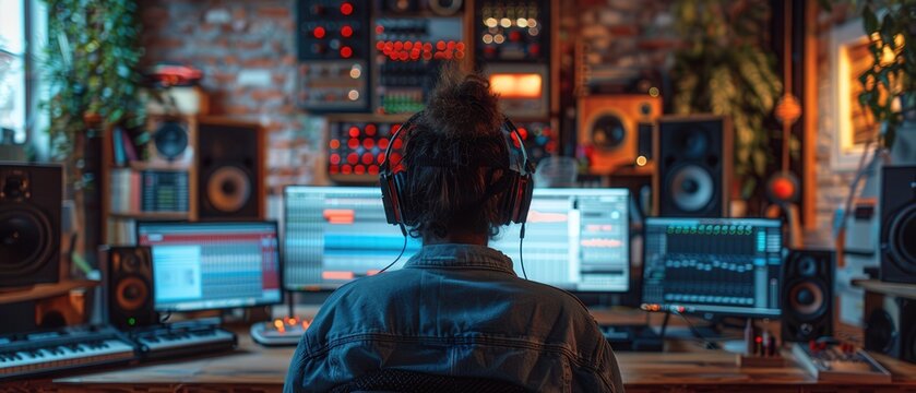 A person working on audio production in a contemporary studio, fashionable outfit and large headphones, from behind