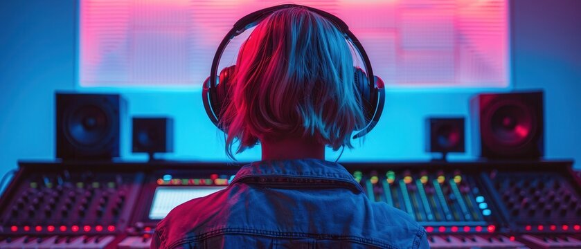 A person working on audio production in a contemporary studio, fashionable outfit and large headphones, from behind