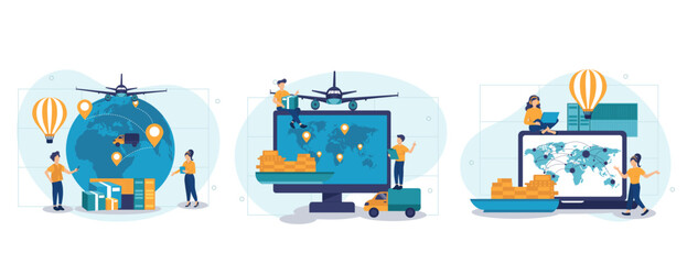 Global logistics network. Export, import, warehouse business, transportation. Business logistics. On-time delivery. Modern flat cartoon style. Vector illustration collection of scenes