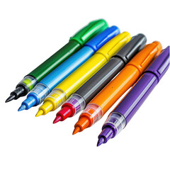 Diagonal Arrangement of Six Colorful Felt-Tip Pens on Transparent Background