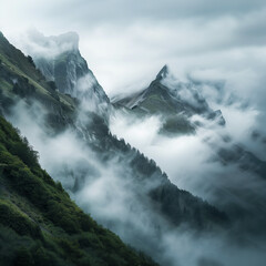 A mountain landscape with low-hanging fog and misty clouds drifting among the peaks, creating a mystical and serene environment