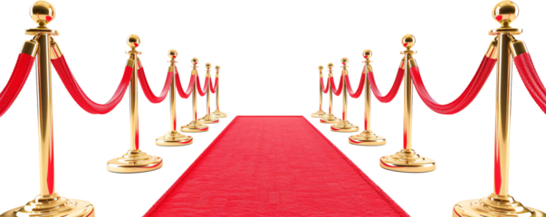 Red rope on golden stanchions with a red carpet on transparent bacakground