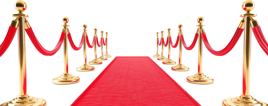 Red rope on golden stanchions with a red carpet on transparent bacakground