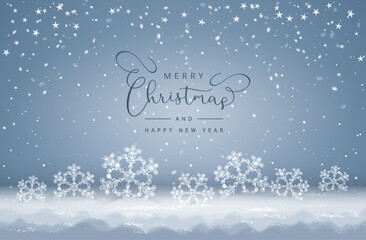 Christmas and New Year winter landscape. Glass transparent snowflakes lie in the snow.