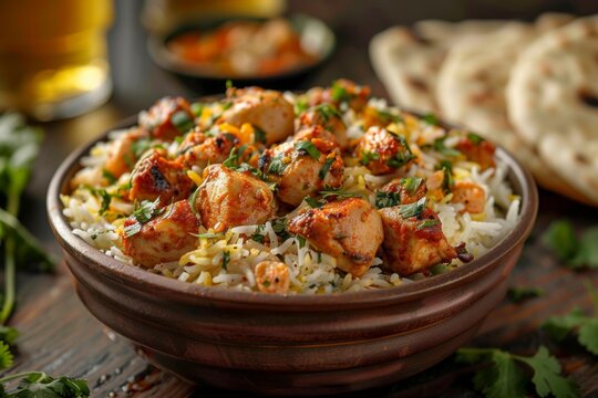 indian chicken kka masala with rice and vegetables
