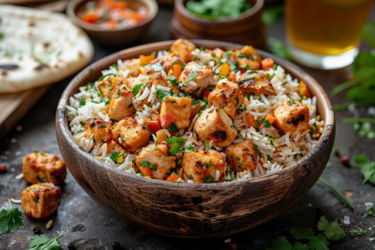 indian chicken kka masala with rice and vegetables