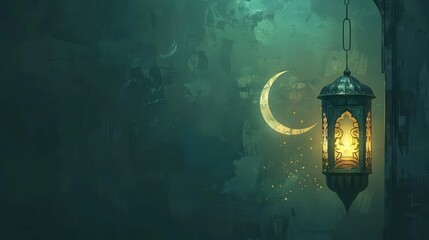 islamic lantern with crescent moon light on dark green background ramadan kareem wallpaper illustration
