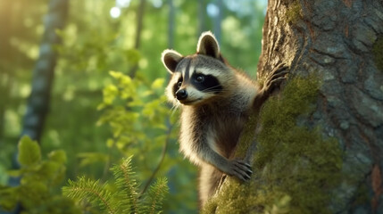 A grey raccoon climbing on trees in search of food in a beautiful natural forest