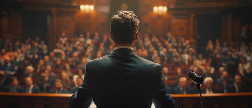 A politician making a passionate address to a large audience,