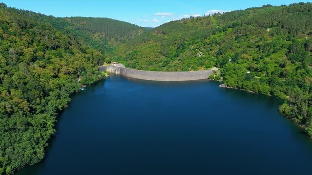 Encoro de Albarellos Water Treatment Plant In Rio Avia, Ribadavia, Ourense Province, Galicia, Spain. Aerial Drone Shot