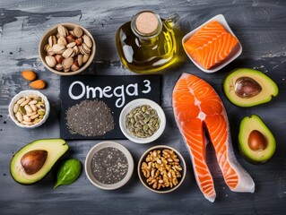 Food rich in Omega 3 on a wooden table. Fish, seeds, avocado and oil 