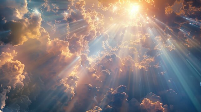 Divine light beams shining down from heaven, radiating God's boundless presence and unwavering love. Bathed in heavenly luminescence, this transcendent image evokes a sense of peace, hope