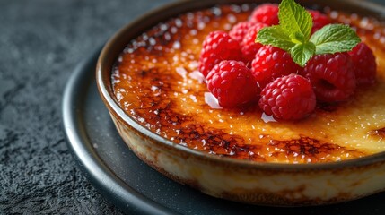 Delicious Crème Brûlée Topped with Fresh Raspberries and Mint
