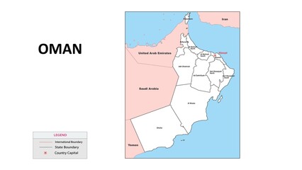 Obraz premium Oman Map. State map of North Korea. Administrative map of Oman with state and capital in white color.