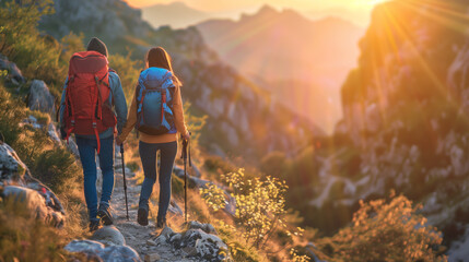 adventurous couple hiking on a scenic mountain trail, golden hour light, beautiful landscape