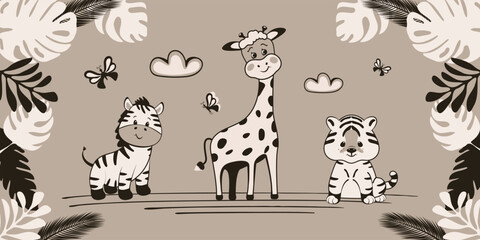 Obraz premium Children's drawing with cute animals. Zebra, tiger cub, giraffe and butterflies. Greeting card, poster, banner. Best friends, vector design