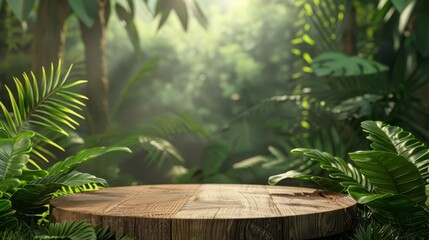 lush green jungle with wooden product display podium natural 3d background for showcase digital render