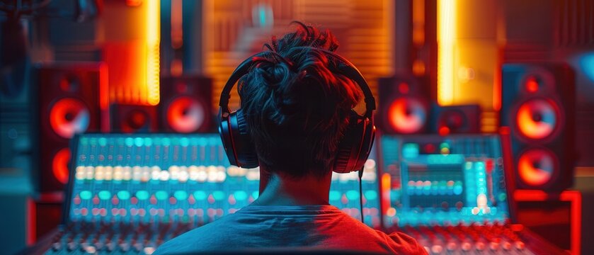 A professionally dressed audio engineer working on sound production in a sleek studio, large headphones on, seen from behind