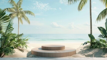 Fototapeta premium luxurious summer product display on tropical beach with wooden podium 3d render