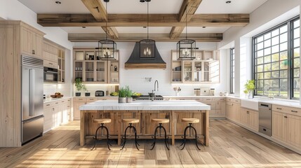 luxurious traditional kitchen with hardwood floors wood beams and large quartz island elegant home interior concept illustrations