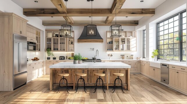 luxurious traditional kitchen with hardwood floors wood beams and large quartz island elegant home interior concept illustrations
